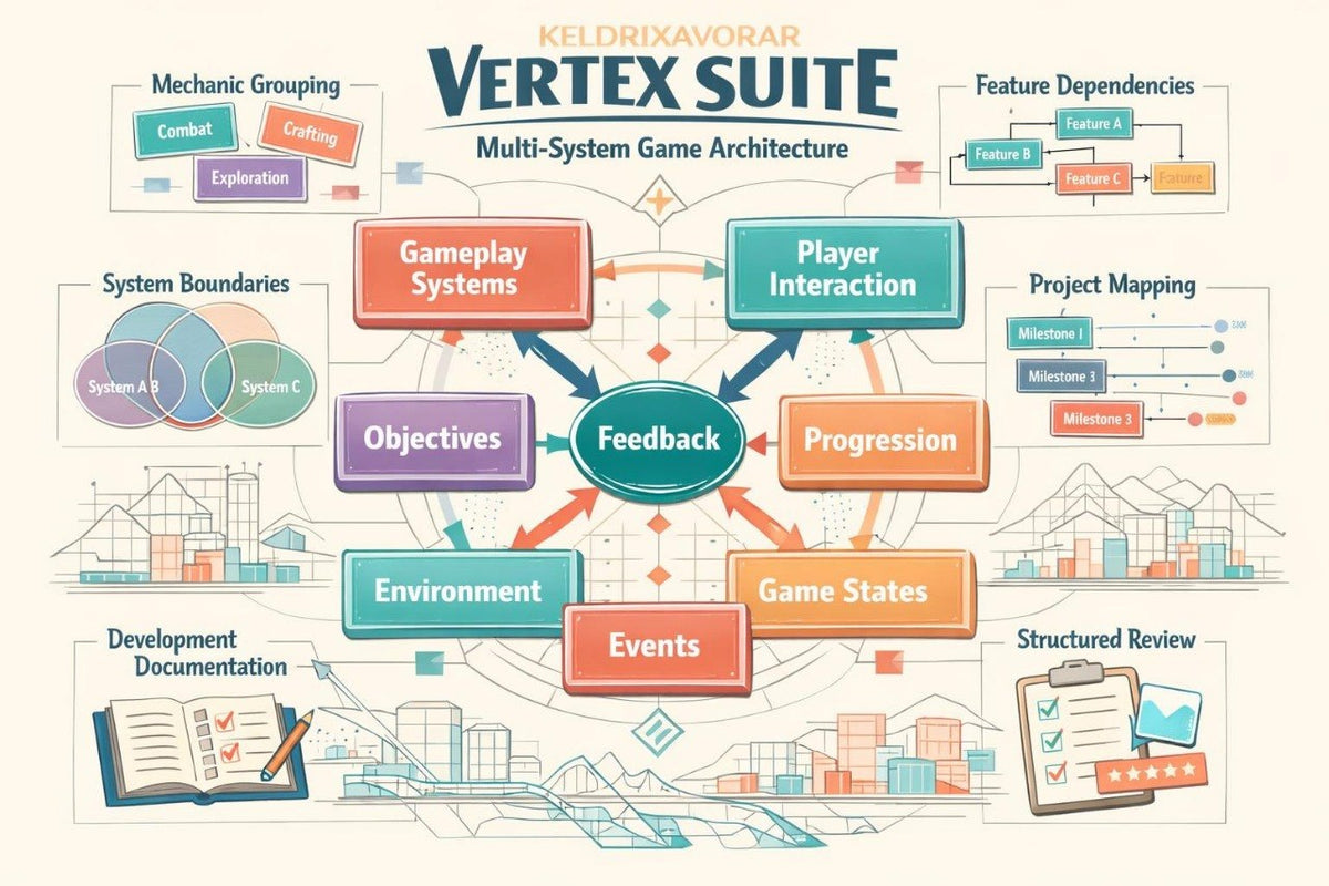 An infographic-style diagram titled 'Keldrixavor Vertex Suite Multi-System Game Architecture' showing connected labeled boxes such as Gameplay Systems, Player Interaction, Progression, Game States, Events, Environment, Objectives, and Feedback, with additional architecture terms around the border on a light beige background.
