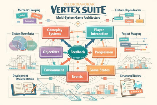 An infographic-style diagram titled 'Keldrixavor Vertex Suite Multi-System Game Architecture' showing connected labeled boxes such as Gameplay Systems, Player Interaction, Progression, Game States, Events, Environment, Objectives, and Feedback, with additional architecture terms around the border on a light beige background.