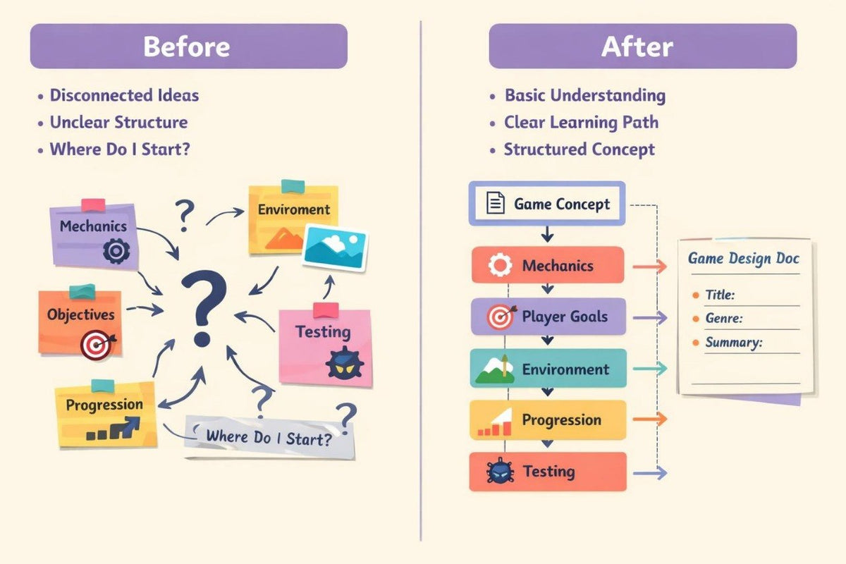 An educational flowchart comparing 'Before' and 'After' learning approaches. The left 'Before' side shows a disorganized brainstorming session with labeled sticky notes for Mechanics, Objectives, Environment, Progression, and Testing, connected by arrows around a large question mark.