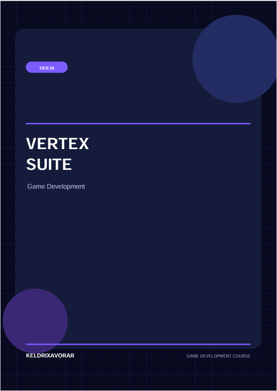 A digital cover graphic for a 'Vertex Suite' game development course by Keldrikavörar, featuring a dark navy blue background with purple accents, white text, and a subtle grid pattern.